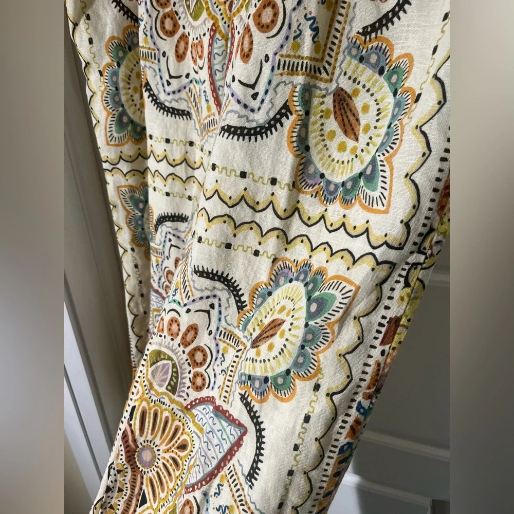 Zara Printed Linen Blend Wide Leg Pants - Boho Paisley Mandala - Sz Large - Picture 6 of 9